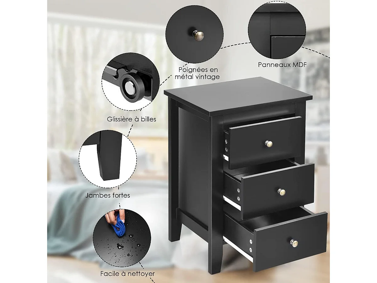 Lot de 2 Tables de Chevet, Table de Nuit avec 3 Tiroirs, Meuble de Rangement pour Chambre à Coucher, Tiroir de Rangement pour Lit, 46 x 37 x 65 cm (Noir x 2)