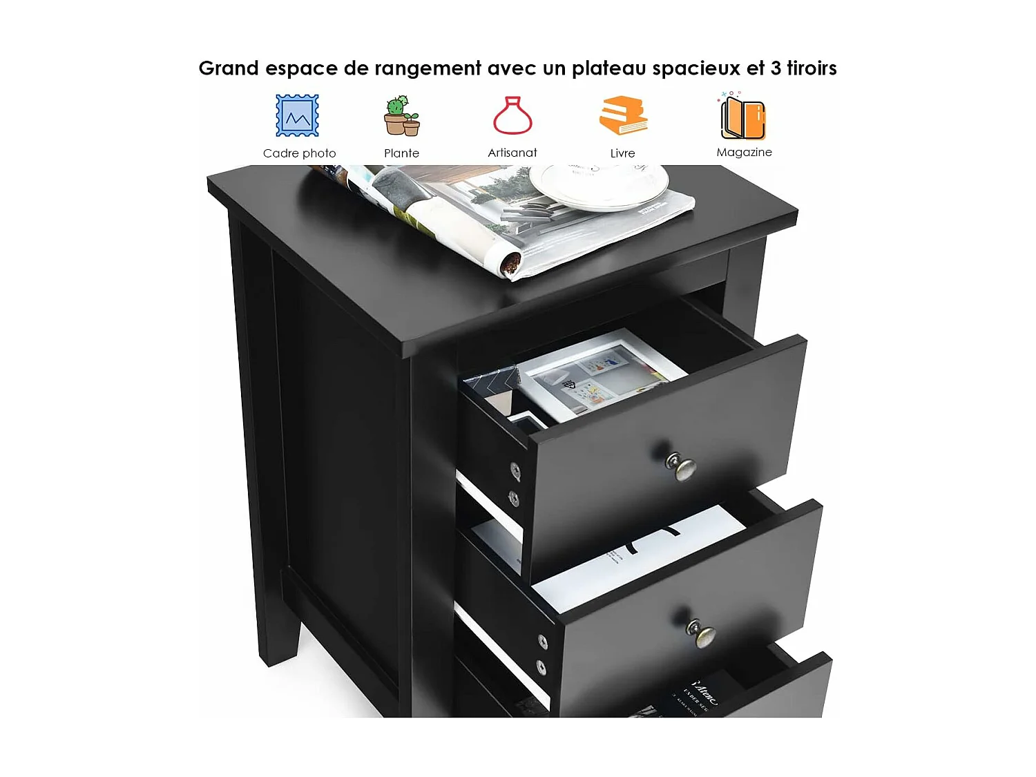 Lot de 2 Tables de Chevet, Table de Nuit avec 3 Tiroirs, Meuble de Rangement pour Chambre à Coucher, Tiroir de Rangement pour Lit, 46 x 37 x 65 cm (Noir x 2)