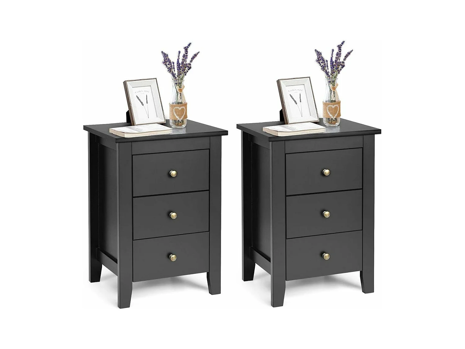 Lot de 2 Tables de Chevet, Table de Nuit avec 3 Tiroirs, Meuble de Rangement pour Chambre à Coucher, Tiroir de Rangement pour Lit, 46 x 37 x 65 cm (Noir x 2)