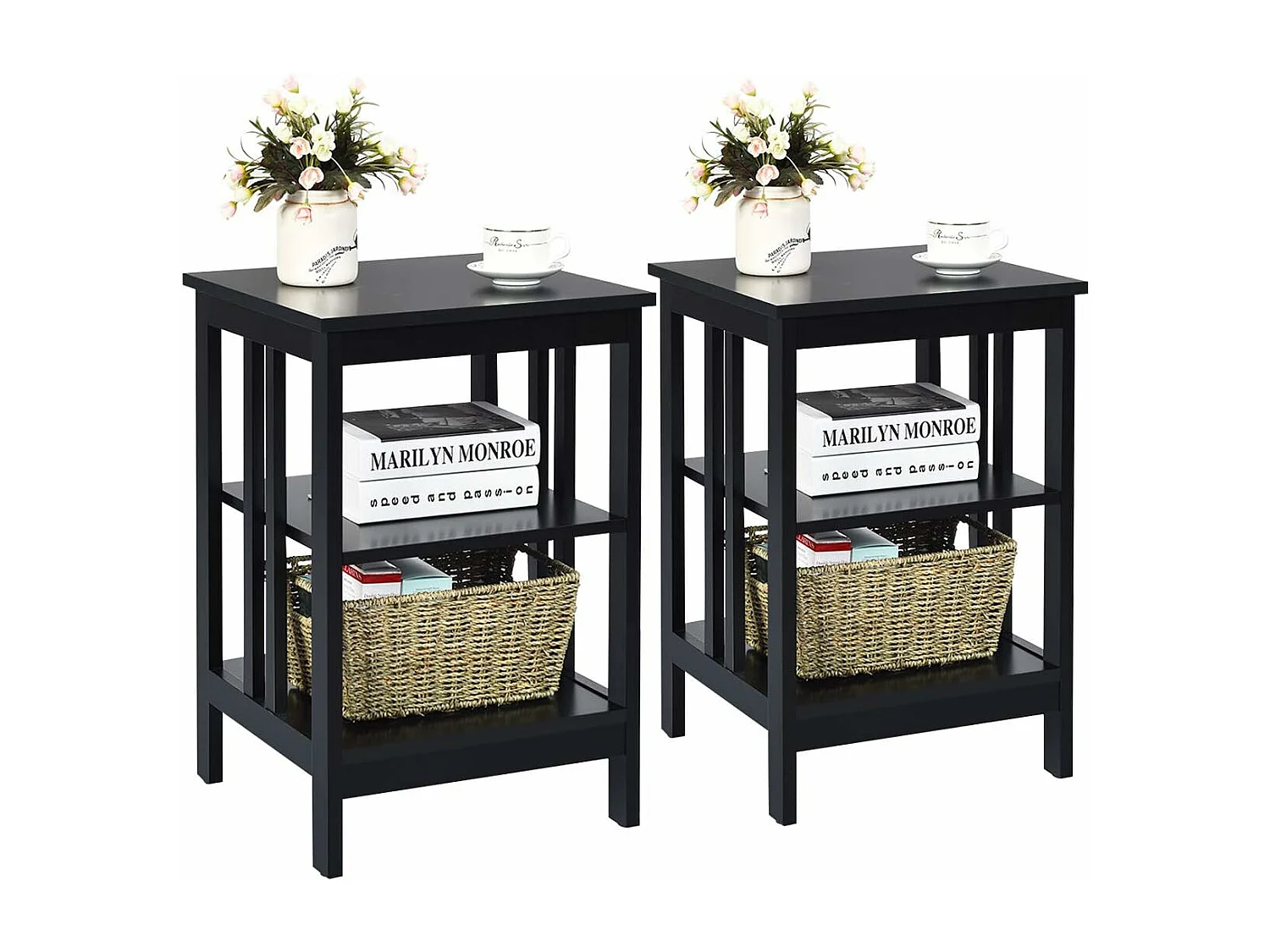 Table de Chevet Lot de 2, Table d'Appoint Chevet pour Chambre, Salon, 40x40x61cm (Noir)