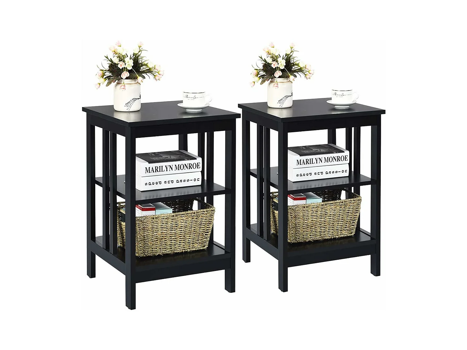 Table de Chevet Lot de 2, Table d'Appoint Chevet pour Chambre, Salon, 40x40x61cm (Noir)