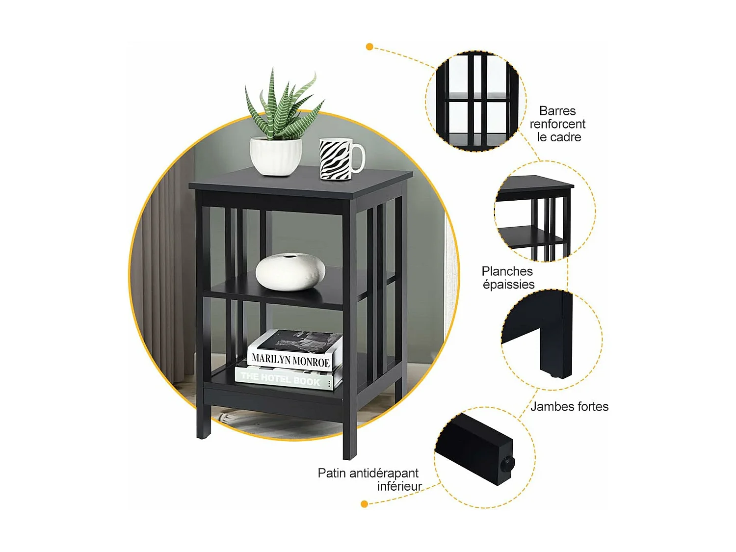 Table de Chevet Lot de 2, Table d'Appoint Chevet pour Chambre, Salon, 40x40x61cm (Noir)