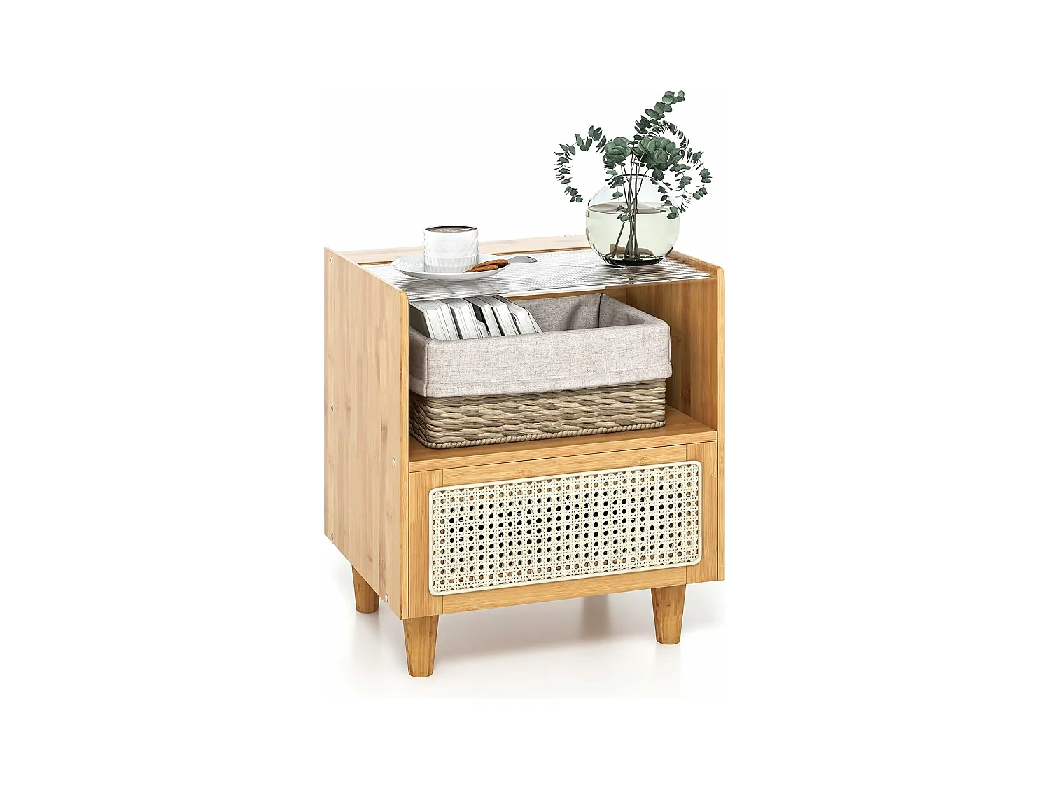 Table de Chevet avec Tiroir, Table d'Appoint en Bambou avec Plateau en Verre, Design Cannage, Grand Compartiement, Pieds en Bois Massif, Table de Nuit Bohême, 43 x 35 x 50 cm (1, Jaune)