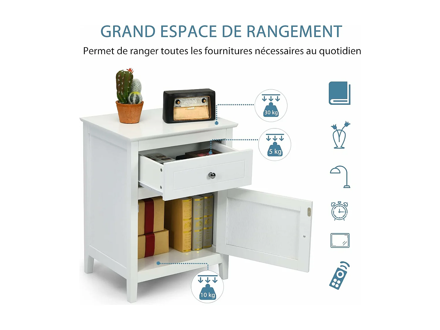 Table de Chevet avec Tiroir et Grand Placard, 48 x 38 x 63,5 CM (L×l×H), Table de Nuit avec Pieds en Bois Massif Gris