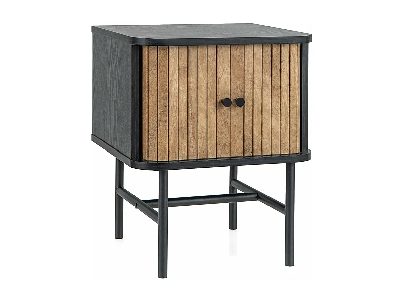 Table de Chevet, Bout de Canapé avec Portes Coulissantes, Pieds en Métal, Design Latte Milieu du Siècle, Poignée Ronde, 40 x 39 x 49 cm, Noir/Blanc (Noir)