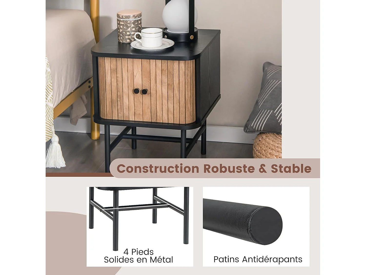 Table de Chevet, Bout de Canapé avec Portes Coulissantes, Pieds en Métal, Design Latte Milieu du Siècle, Poignée Ronde, 40 x 39 x 49 cm, Noir/Blanc (Noir)