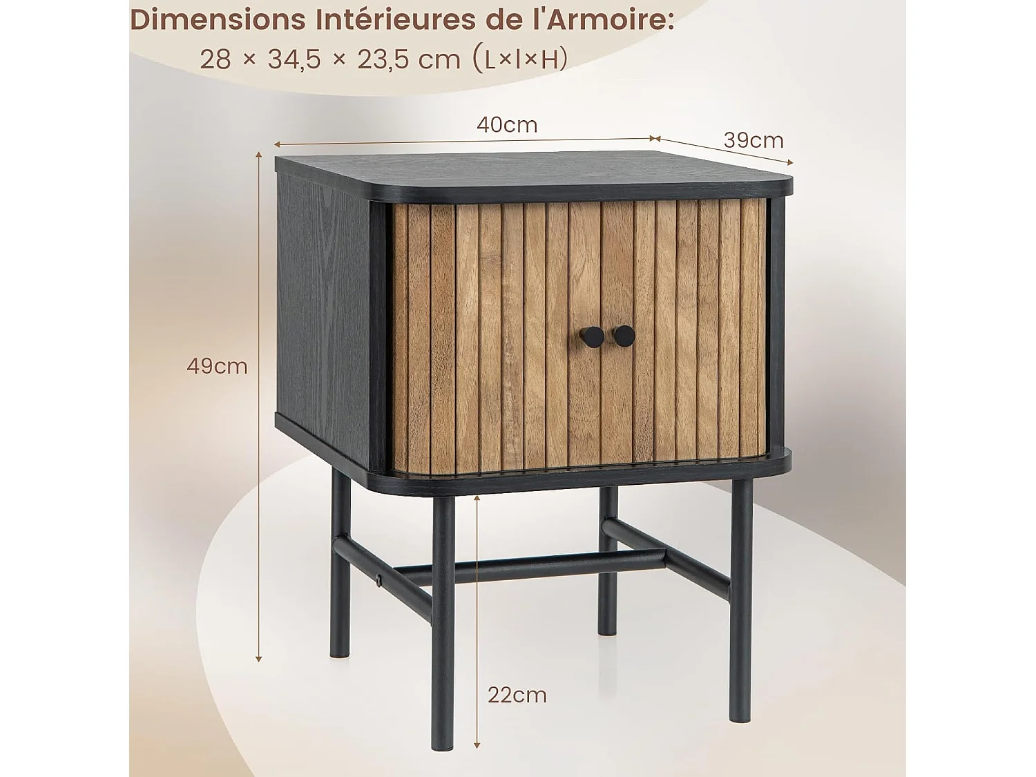 Table de Chevet, Bout de Canapé avec Portes Coulissantes, Pieds en Métal, Design Latte Milieu du Siècle, Poignée Ronde, 40 x 39 x 49 cm, Noir/Blanc (Noir)