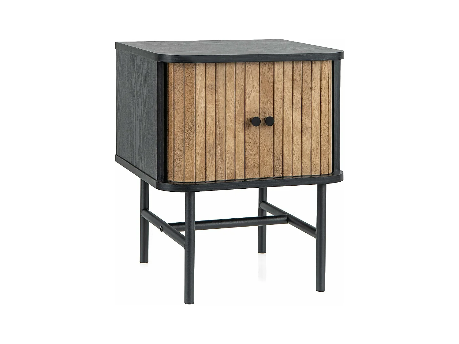 Table de Chevet, Bout de Canapé avec Portes Coulissantes, Pieds en Métal, Design Latte Milieu du Siècle, Poignée Ronde, 40 x 39 x 49 cm, Noir/Blanc (Noir)