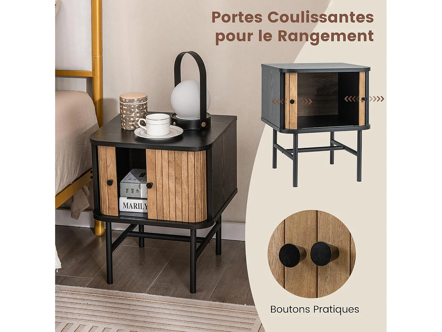 Table de Chevet, Bout de Canapé avec Portes Coulissantes, Pieds en Métal, Design Latte Milieu du Siècle, Poignée Ronde, 40 x 39 x 49 cm, Noir/Blanc (Noir)