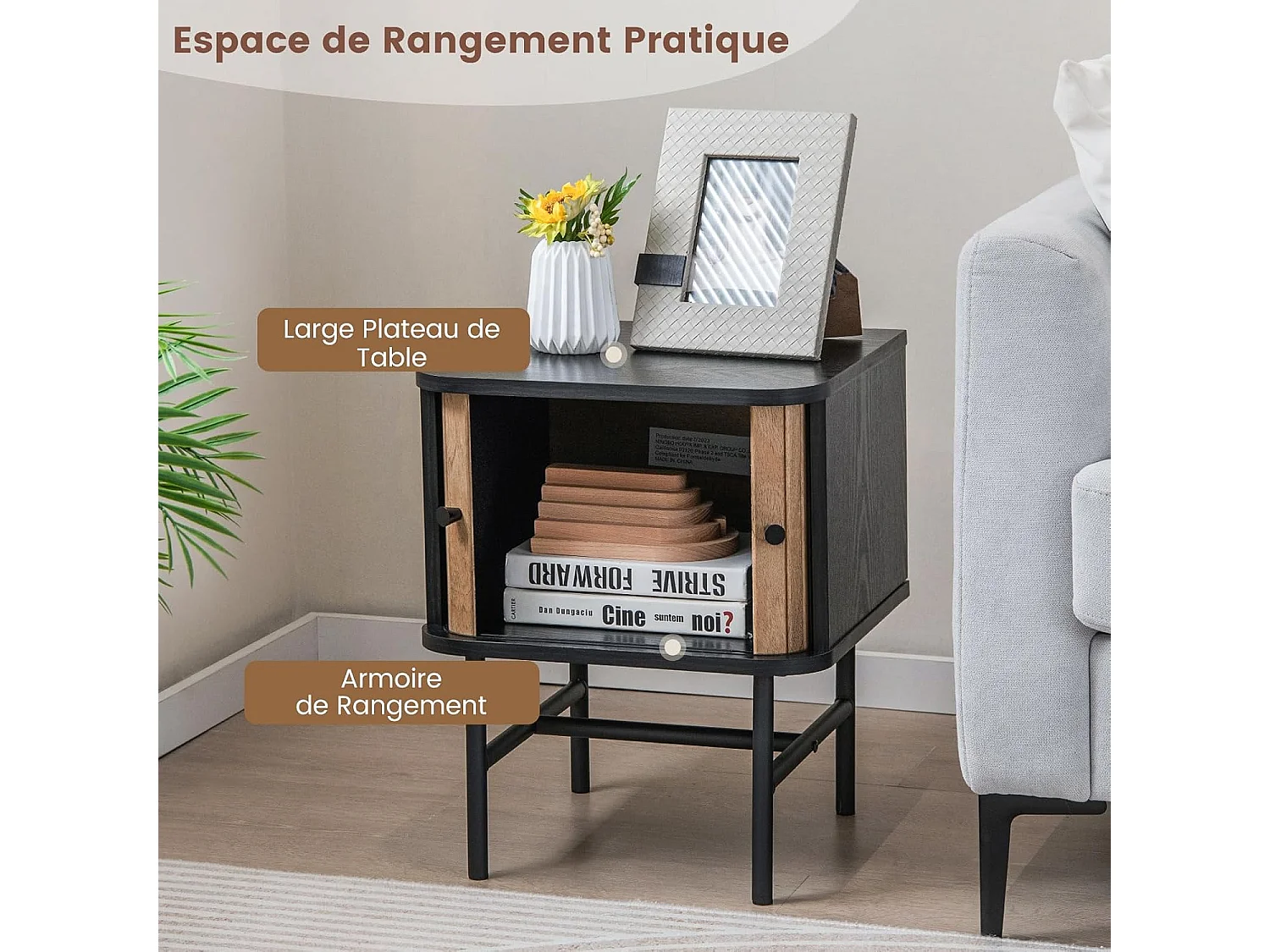 Table de Chevet, Bout de Canapé avec Portes Coulissantes, Pieds en Métal, Design Latte Milieu du Siècle, Poignée Ronde, 40 x 39 x 49 cm, Noir/Blanc (Noir)