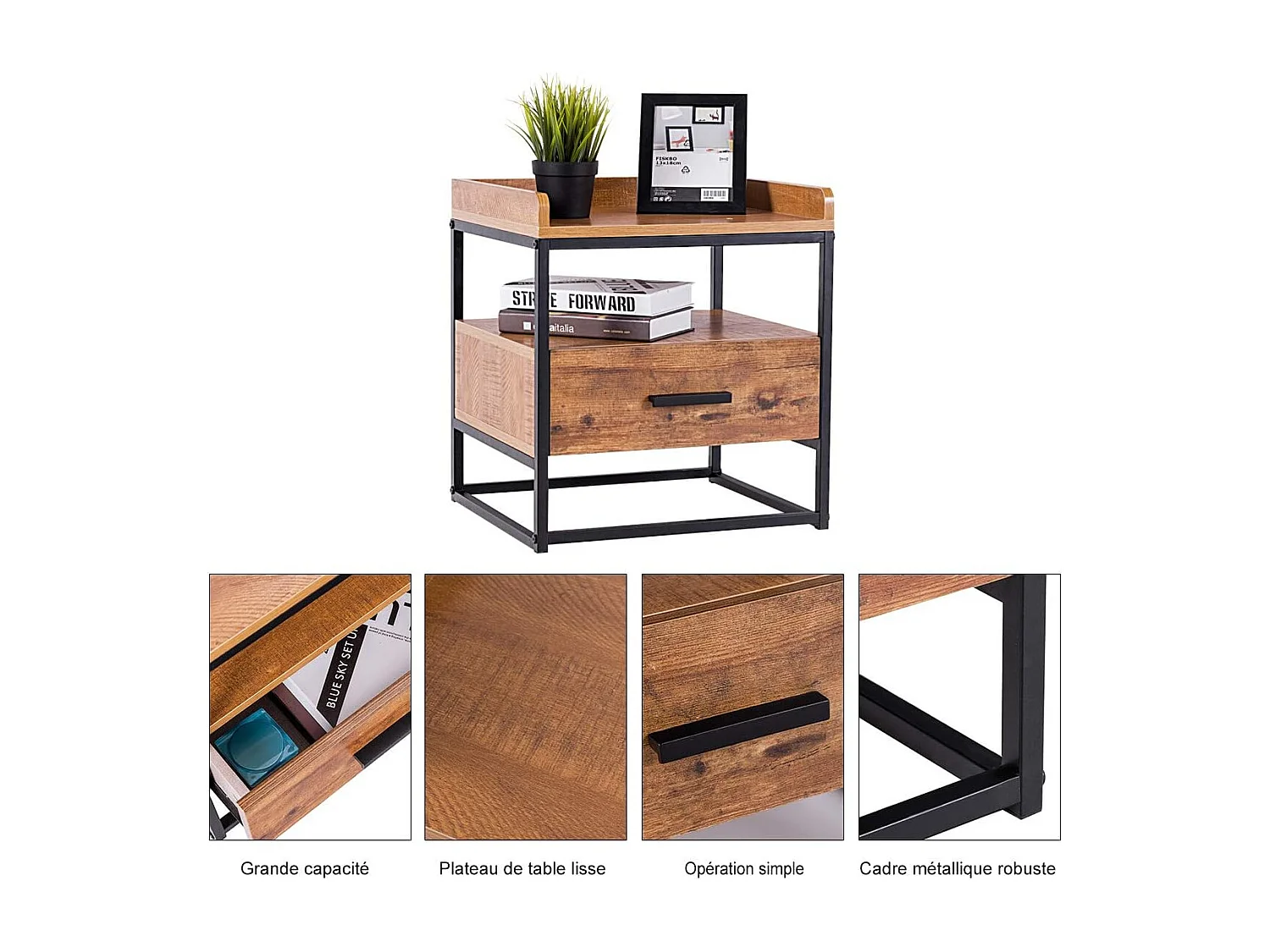 Table de Chevet à 2 Etagères Bout de Canapé avec 1 Tiroir de Rangement en Bois 45x40x49CM Style Moderne pour Salon,Chambre