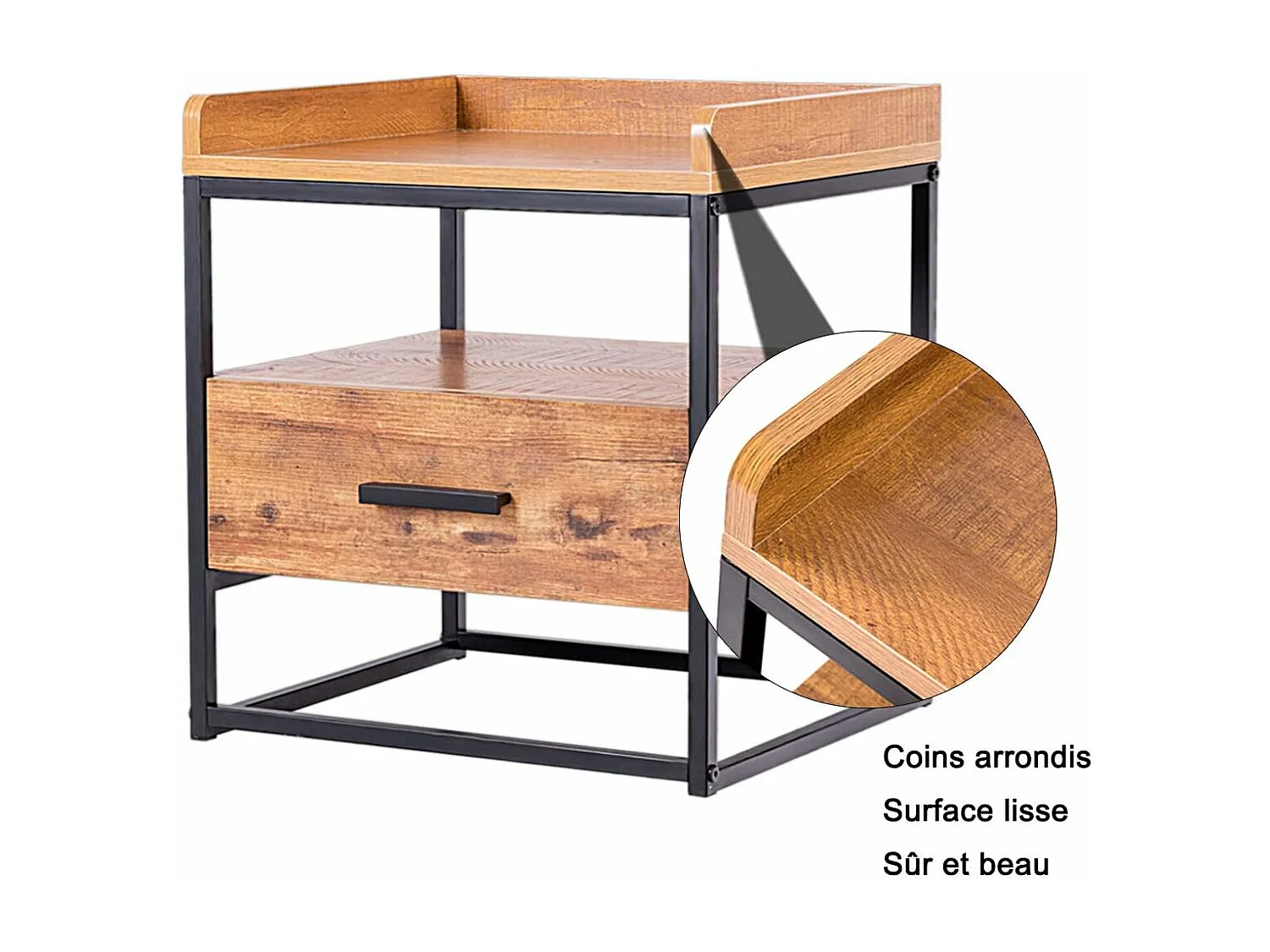 Table de Chevet à 2 Etagères Bout de Canapé avec 1 Tiroir de Rangement en Bois 45x40x49CM Style Moderne pour Salon,Chambre