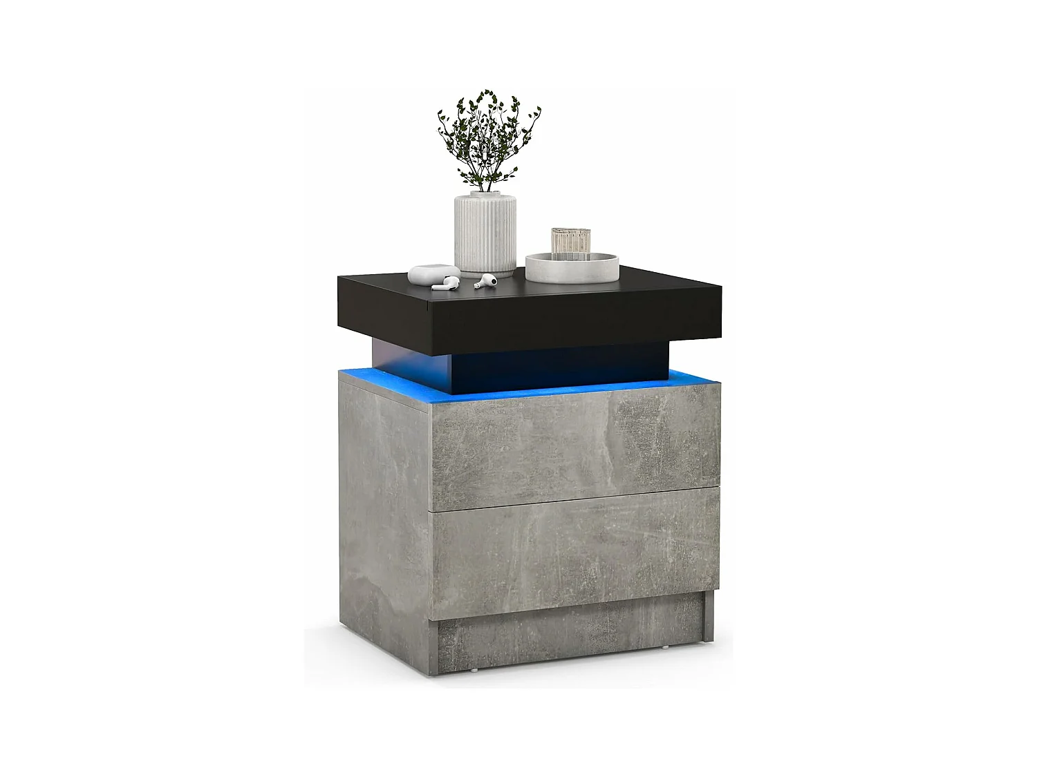 Table de Chevet avec Éclairage LED 20 Couleurs, Table de Nuit 2 Tiroirs en Texture Marbre, Chevet de Lit pour Chambre, Salon, Table d’Appoint Noir Haute Brillance (Noir, Lot de 1)