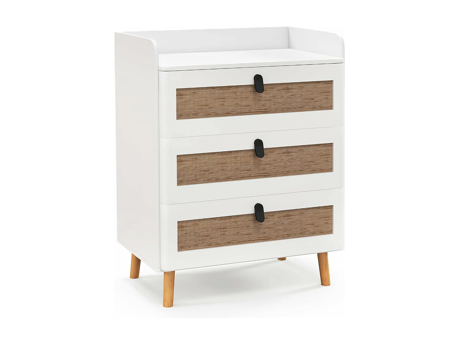 Commode 3 Tiroirs, Commode Chambre Adulte Pieds en Bois Massif, Poignée Noir Design, Tiroir en Rotin Bohème, Petite Commode Scandinave, Blanc (3 Tiroirs)