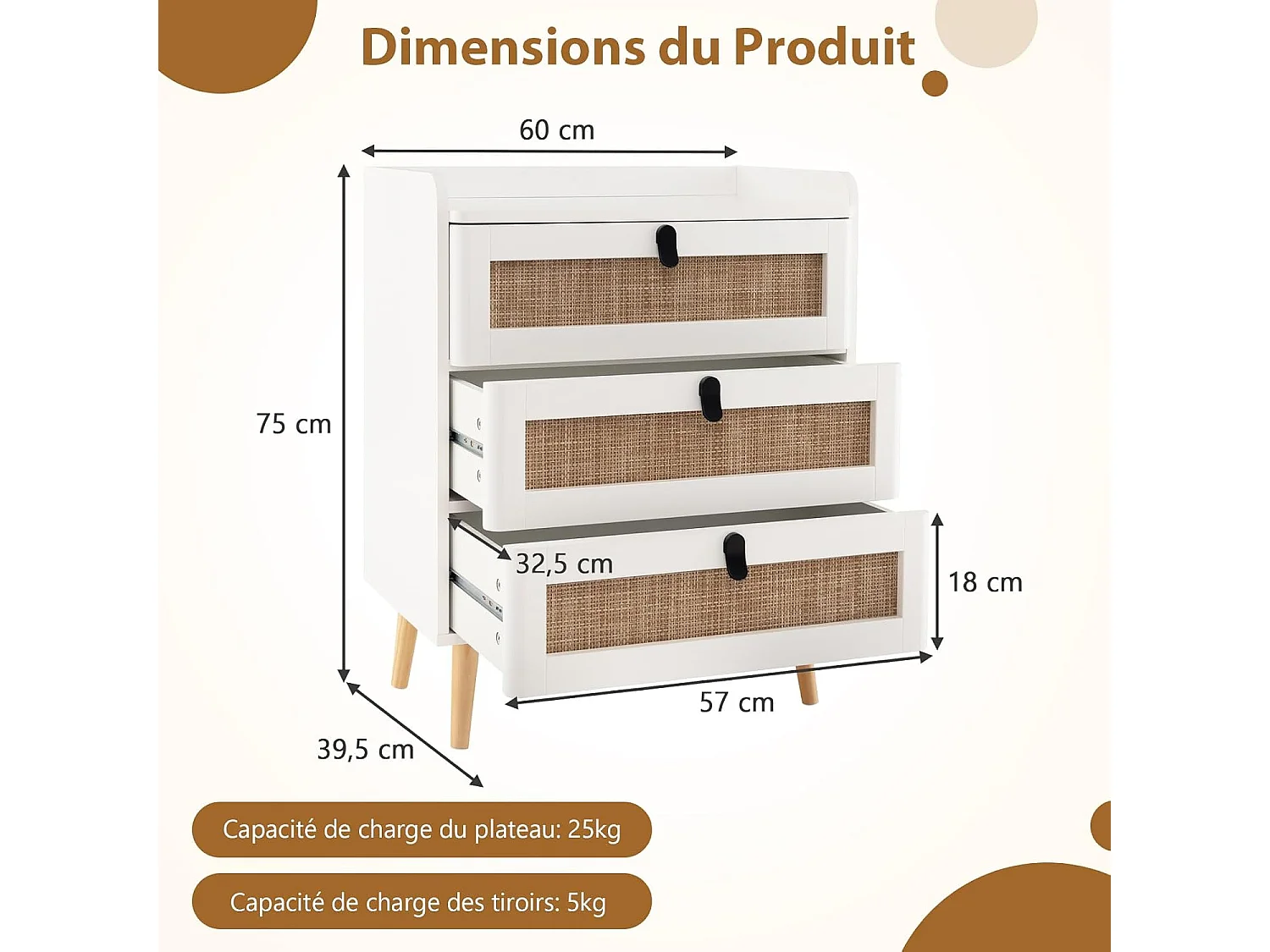 Commode 3 Tiroirs, Commode Chambre Adulte Pieds en Bois Massif, Poignée Noir Design, Tiroir en Rotin Bohème, Petite Commode Scandinave, Blanc (3 Tiroirs)