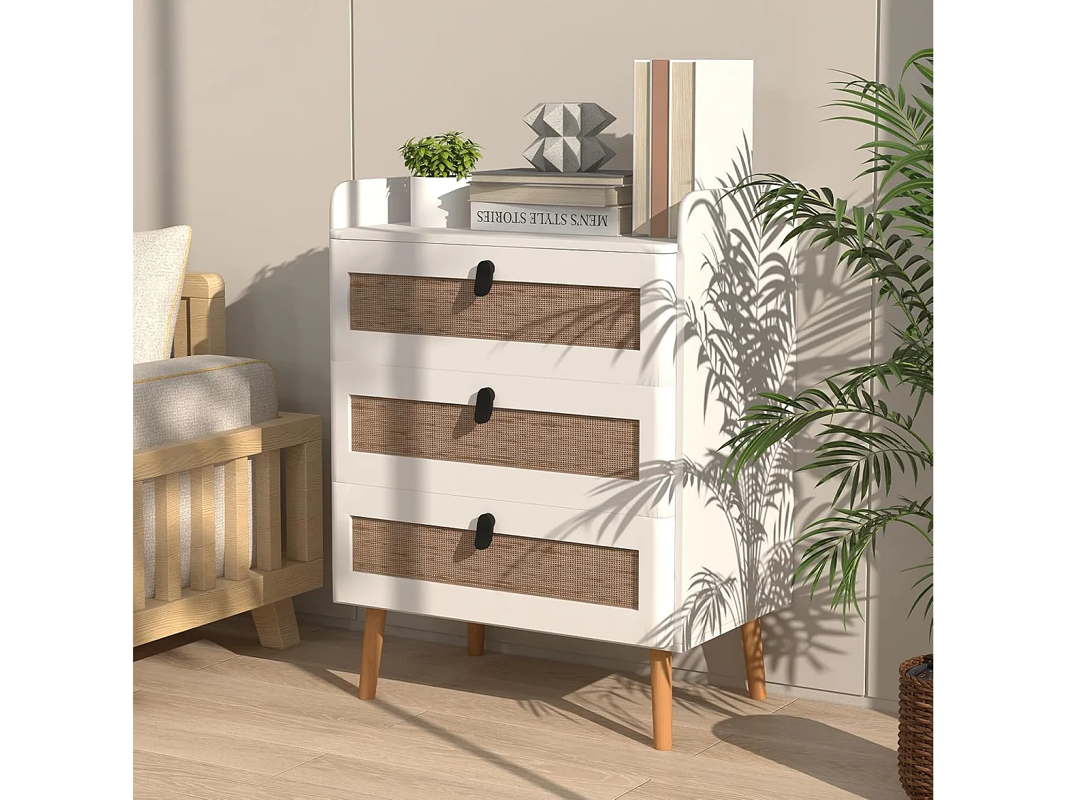 Commode 3 Tiroirs, Commode Chambre Adulte Pieds en Bois Massif, Poignée Noir Design, Tiroir en Rotin Bohème, Petite Commode Scandinave, Blanc (3 Tiroirs)