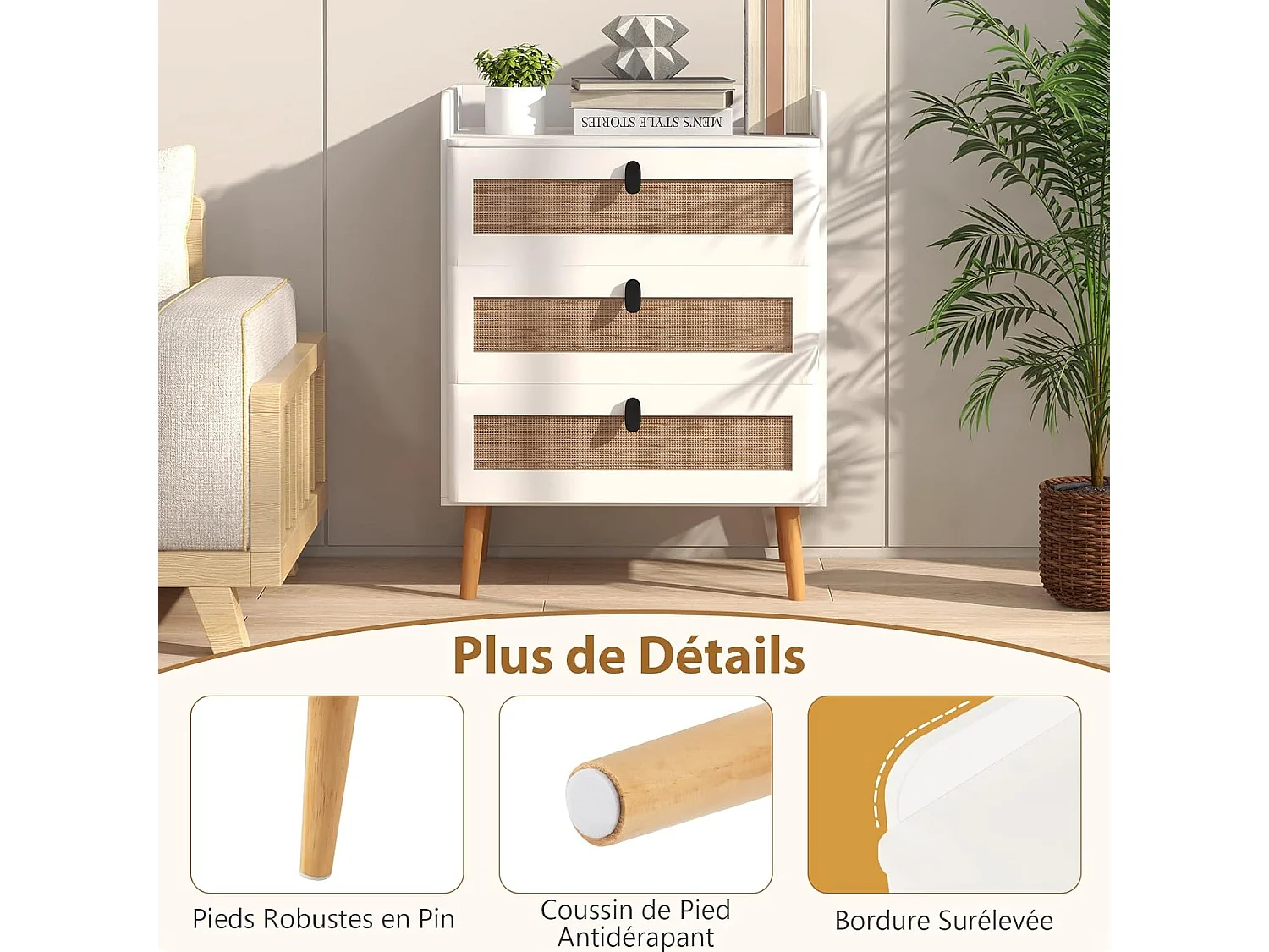 Commode 3 Tiroirs, Commode Chambre Adulte Pieds en Bois Massif, Poignée Noir Design, Tiroir en Rotin Bohème, Petite Commode Scandinave, Blanc (3 Tiroirs)