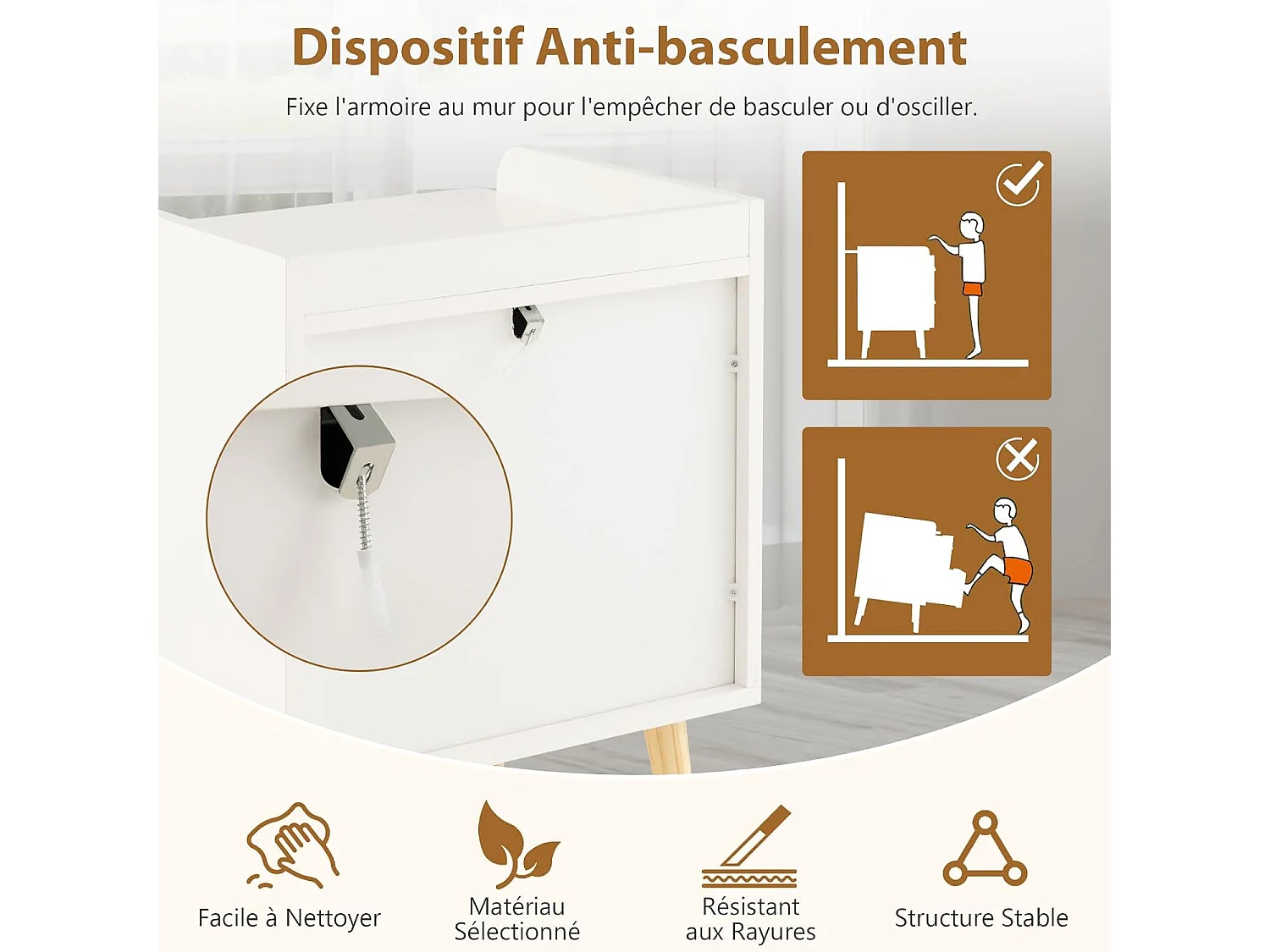 Commode 3 Tiroirs, Commode Chambre Adulte Pieds en Bois Massif, Poignée Noir Design, Tiroir en Rotin Bohème, Petite Commode Scandinave, Blanc (3 Tiroirs)