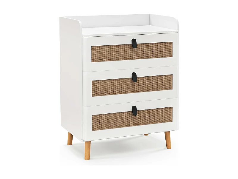 Commode 3 Tiroirs, Commode Chambre Adulte Pieds en Bois Massif, Poignée Noir Design, Tiroir en Rotin Bohème, Petite Commode Scandinave, Blanc (3 Tiroirs)