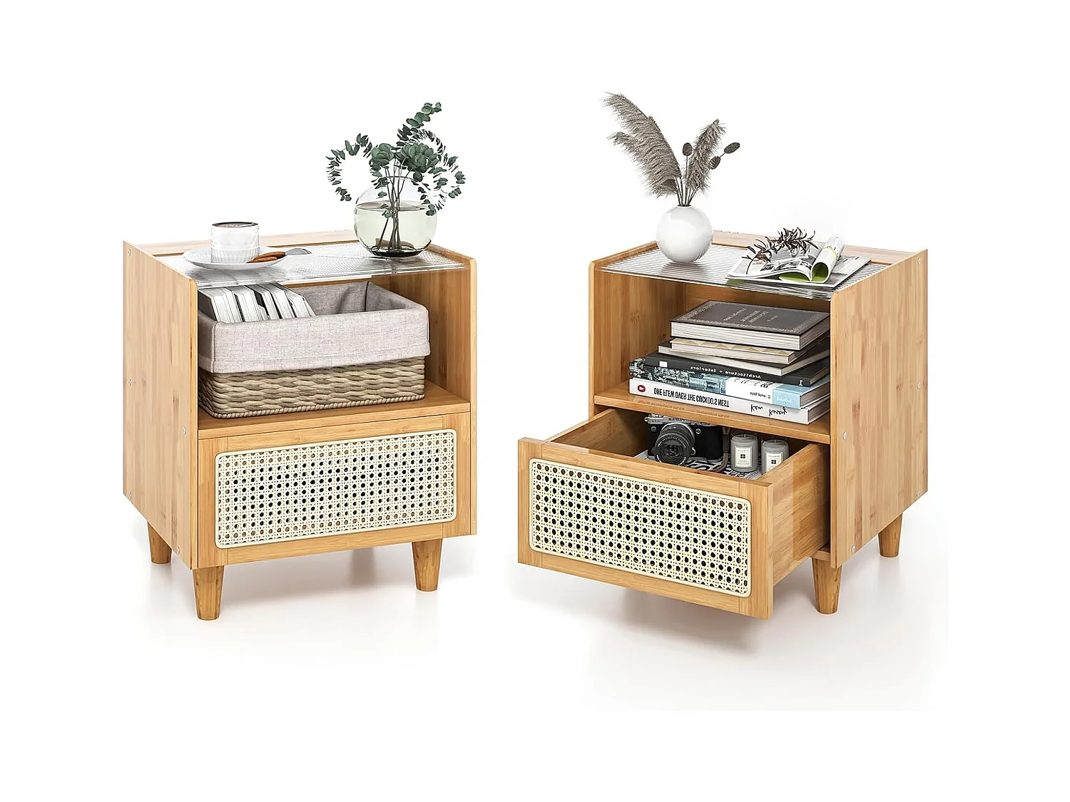 Table de Chevet avec Tiroir, Table d'Appoint en Bambou avec Plateau en Verre, Design Cannage, Grand Compartiement, Pieds en Bois Massif, Table de Nuit Bohême, 43 x 35 x 50 cm (2, Jaune)