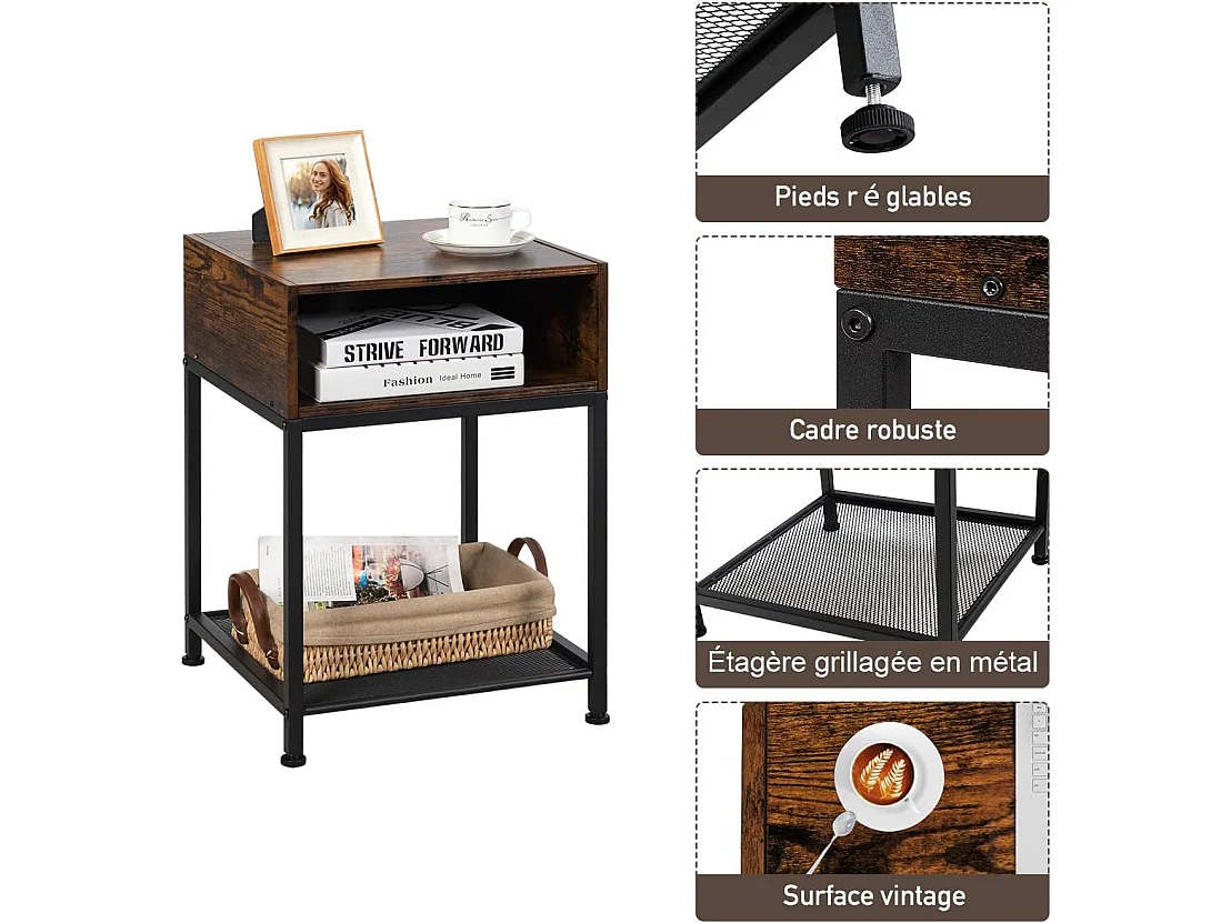 Table de Chevet Table de NuitAmarture Métallique Table d'Appoint avec 1 Etagère de Rangement