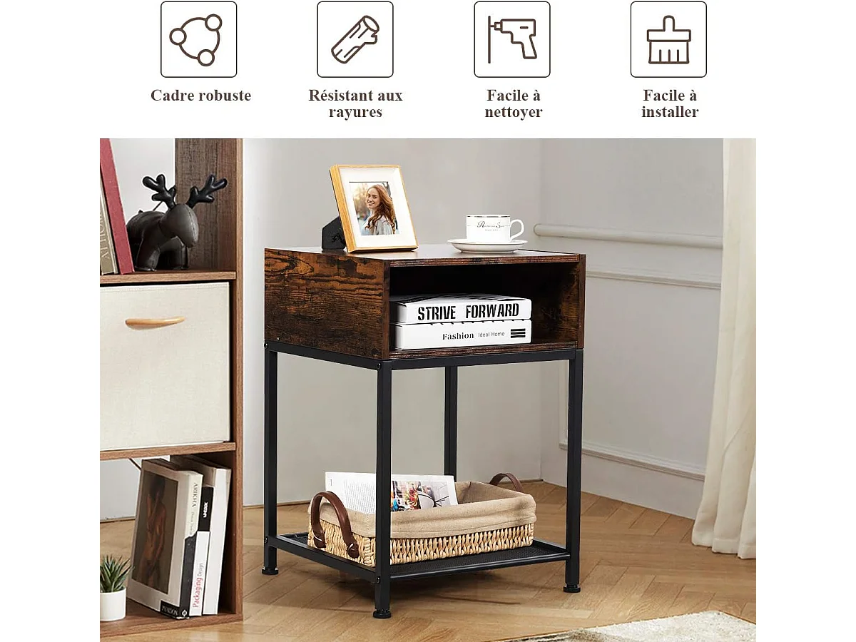 Table de Chevet Table de NuitAmarture Métallique Table d'Appoint avec 1 Etagère de Rangement