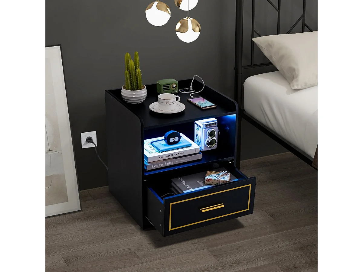 Lot de 2 Table de Chevet LED avec 1 Port USB et 1 Port type-C, Table de Nuit Lumineuse 3 Couleurs Réglables avec Compartiment, Capteur Intelligent, 45 x 40 x 50 cm (Noir)
