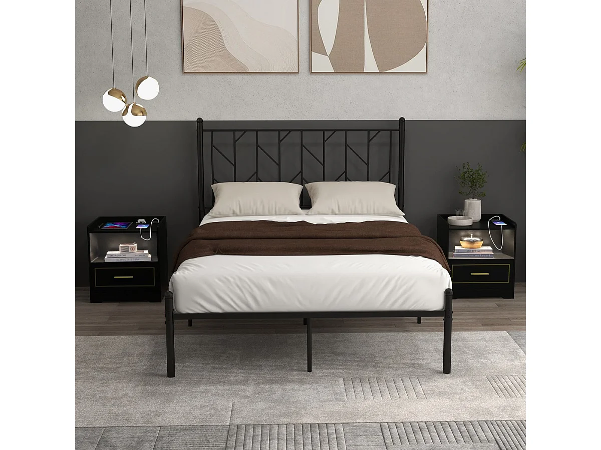 Lot de 2 Table de Chevet LED avec 1 Port USB et 1 Port type-C, Table de Nuit Lumineuse 3 Couleurs Réglables avec Compartiment, Capteur Intelligent, 45 x 40 x 50 cm (Noir)