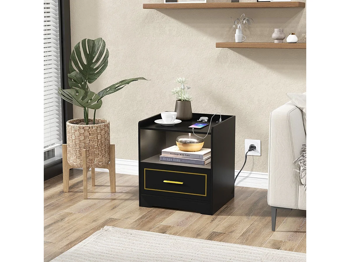 Lot de 2 Table de Chevet LED avec 1 Port USB et 1 Port type-C, Table de Nuit Lumineuse 3 Couleurs Réglables avec Compartiment, Capteur Intelligent, 45 x 40 x 50 cm (Noir)