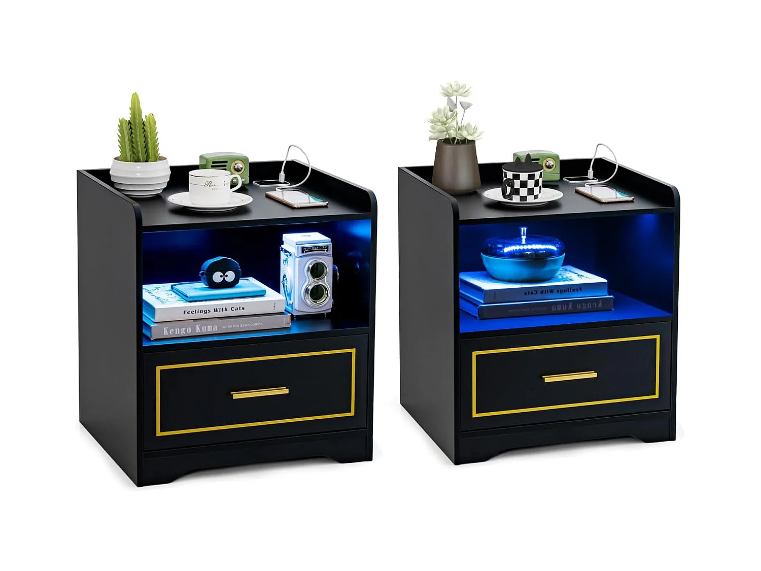 Lot de 2 Table de Chevet LED avec 1 Port USB et 1 Port type-C, Table de Nuit Lumineuse 3 Couleurs Réglables avec Compartiment, Capteur Intelligent, 45 x 40 x 50 cm (Noir)