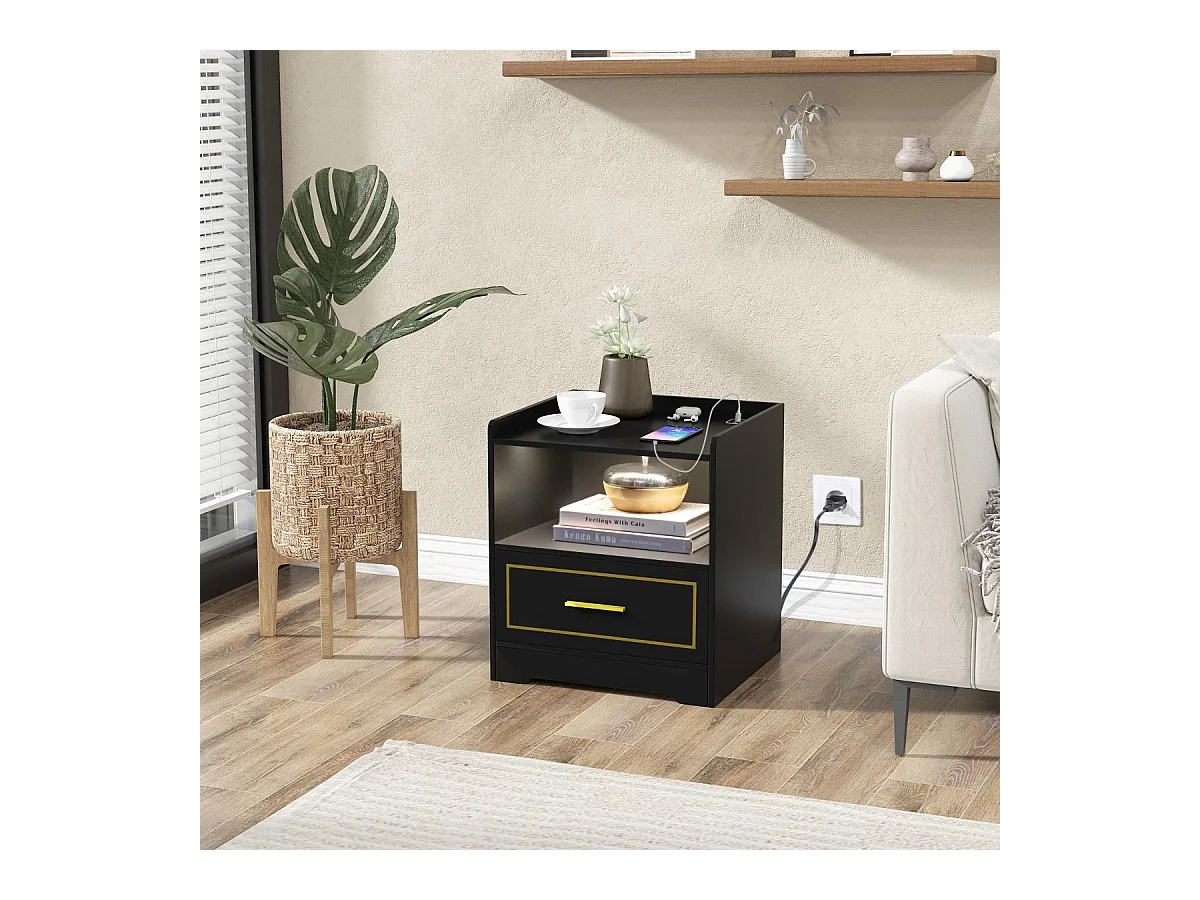 Lot de 2 Table de Chevet LED avec 1 Port USB et 1 Port type-C, Table de Nuit Lumineuse 3 Couleurs Réglables avec Compartiment, Capteur Intelligent, 45 x 40 x 50 cm (Noir)