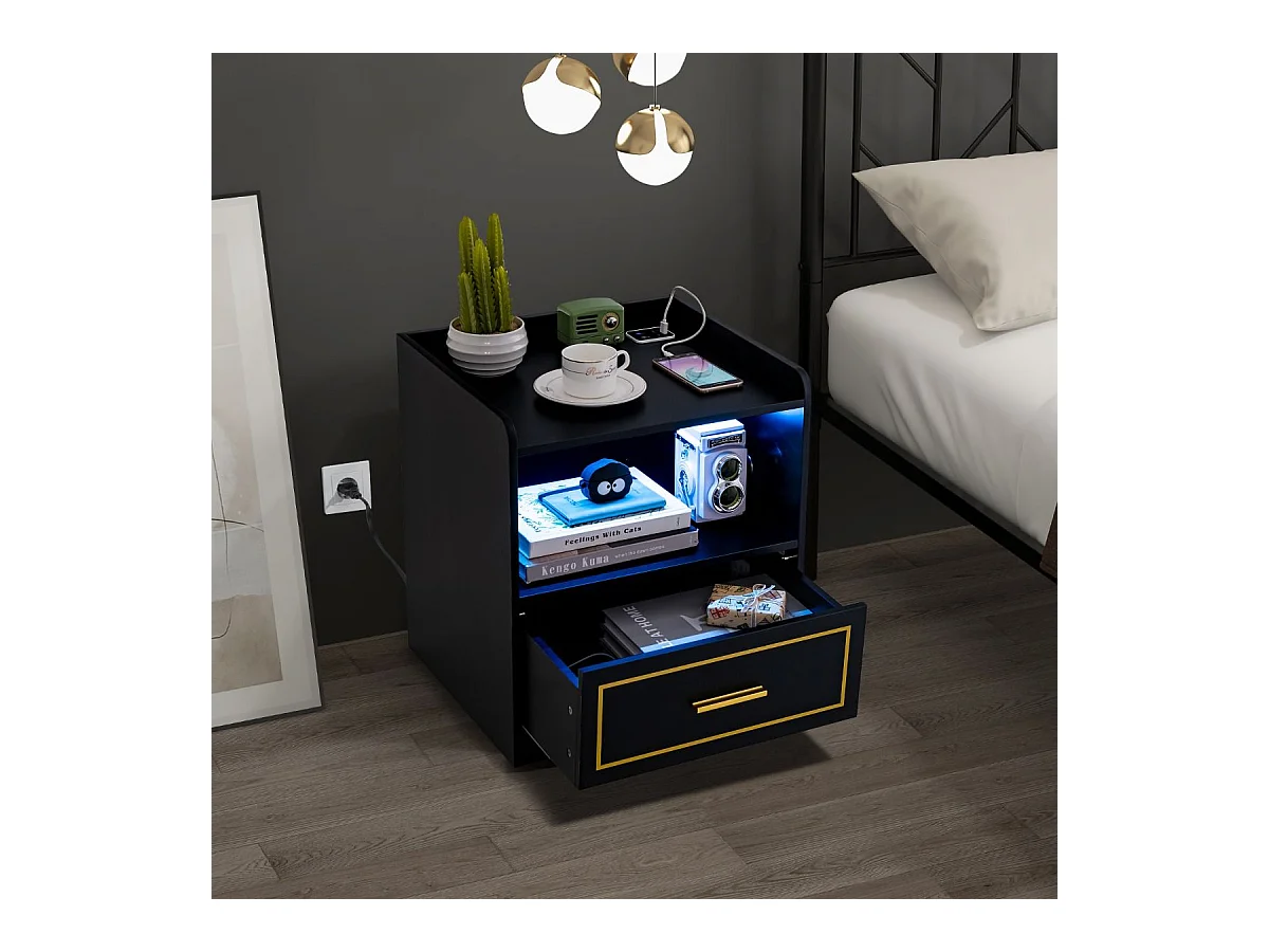 Lot de 2 Table de Chevet LED avec 1 Port USB et 1 Port type-C, Table de Nuit Lumineuse 3 Couleurs Réglables avec Compartiment, Capteur Intelligent, 45 x 40 x 50 cm (Noir)