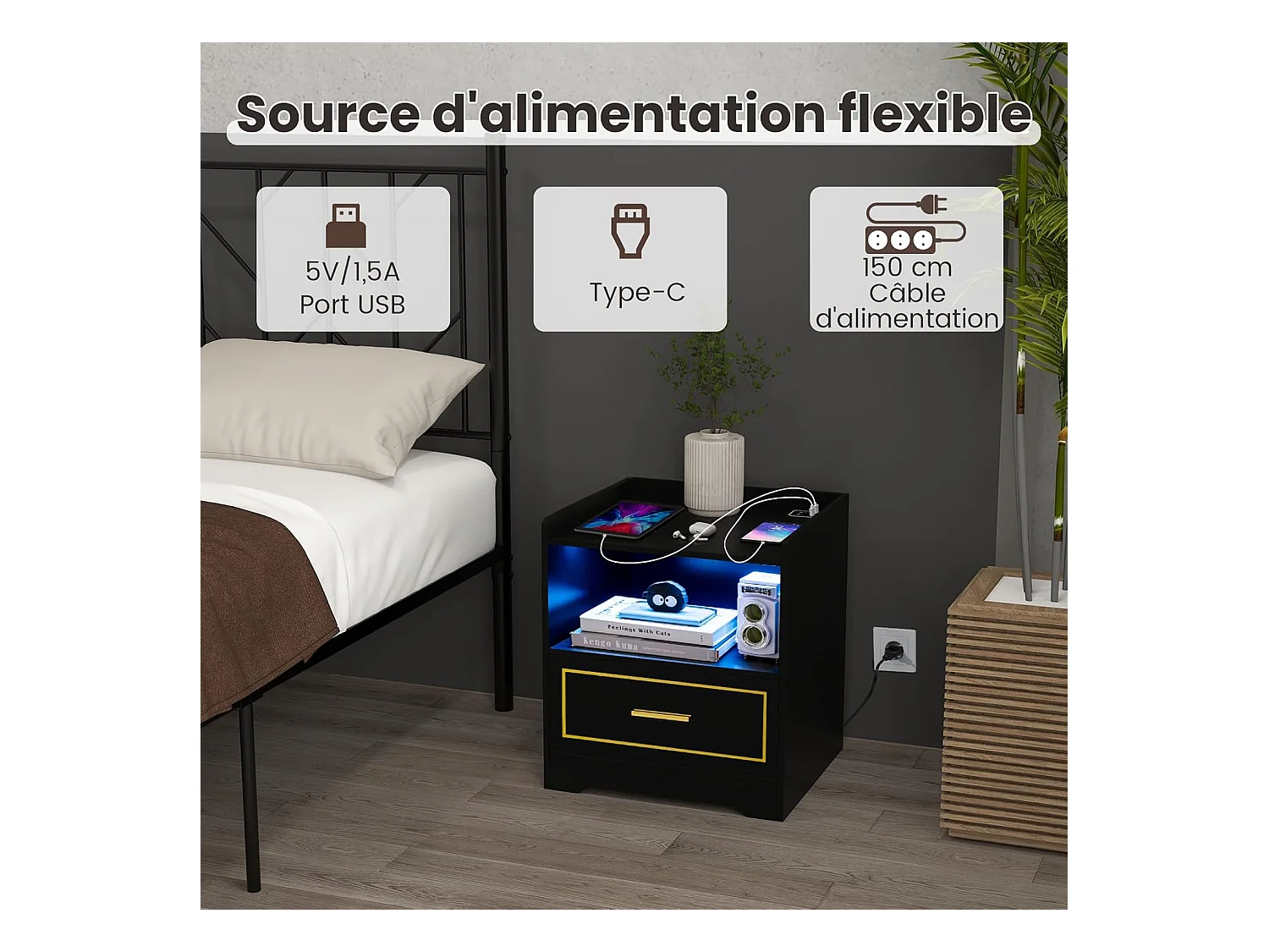 Lot de 2 Table de Chevet LED avec 1 Port USB et 1 Port type-C, Table de Nuit Lumineuse 3 Couleurs Réglables avec Compartiment, Capteur Intelligent, 45 x 40 x 50 cm (Noir)