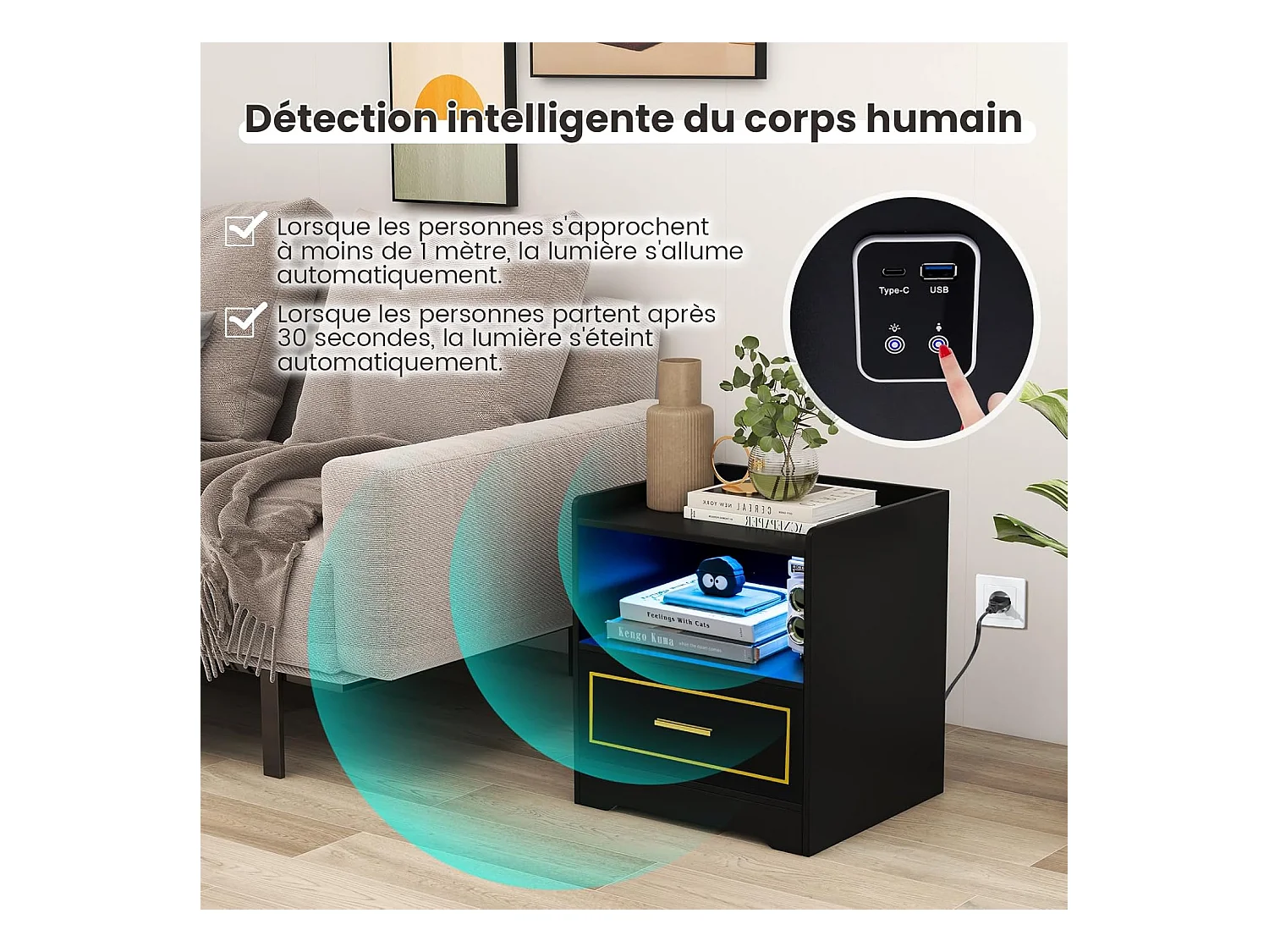 Lot de 2 Table de Chevet LED avec 1 Port USB et 1 Port type-C, Table de Nuit Lumineuse 3 Couleurs Réglables avec Compartiment, Capteur Intelligent, 45 x 40 x 50 cm (Noir)