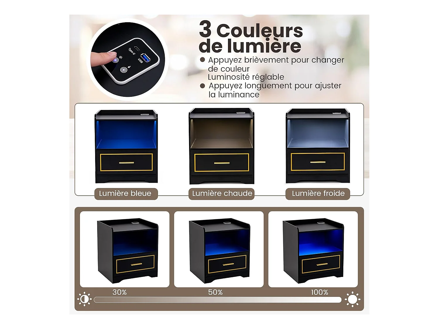 Lot de 2 Table de Chevet LED avec 1 Port USB et 1 Port type-C, Table de Nuit Lumineuse 3 Couleurs Réglables avec Compartiment, Capteur Intelligent, 45 x 40 x 50 cm (Noir)