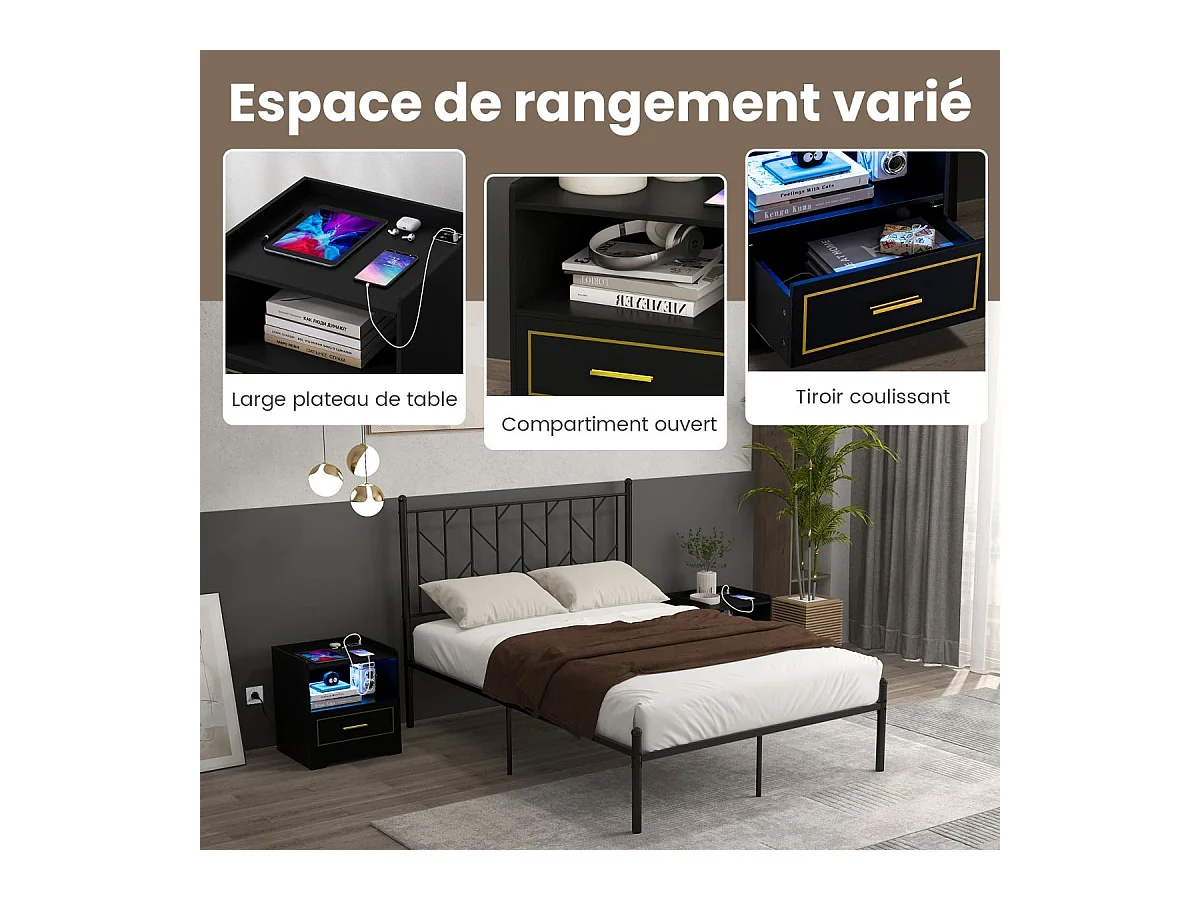 Lot de 2 Table de Chevet LED avec 1 Port USB et 1 Port type-C, Table de Nuit Lumineuse 3 Couleurs Réglables avec Compartiment, Capteur Intelligent, 45 x 40 x 50 cm (Noir)