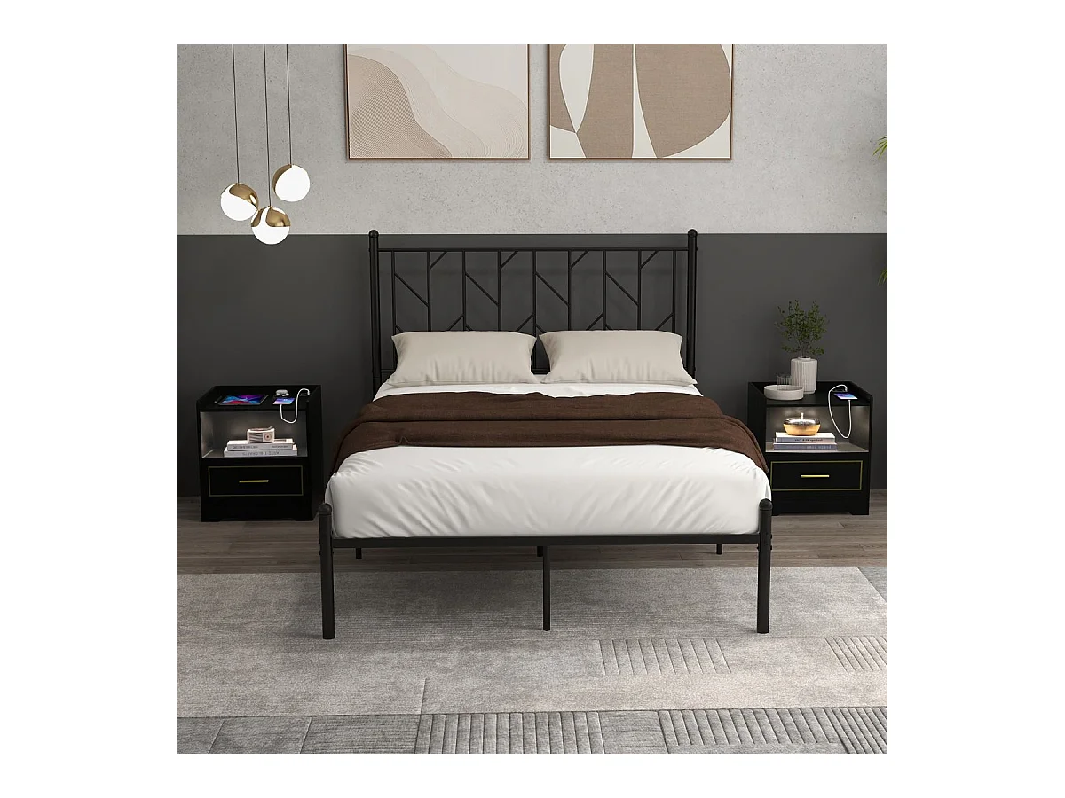 Lot de 2 Table de Chevet LED avec 1 Port USB et 1 Port type-C, Table de Nuit Lumineuse 3 Couleurs Réglables avec Compartiment, Capteur Intelligent, 45 x 40 x 50 cm (Noir)