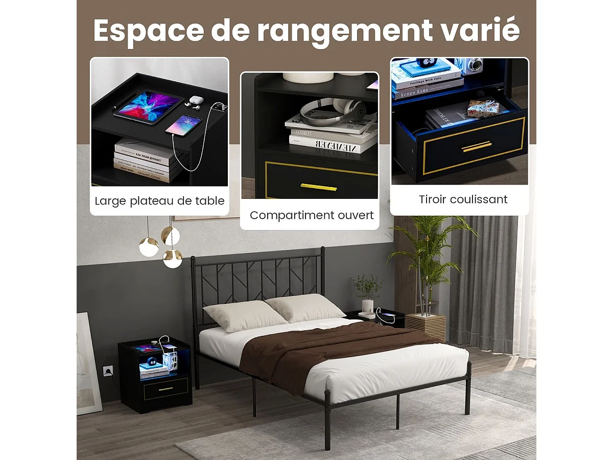 Lot de 2 Table de Chevet LED avec 1 Port USB et 1 Port type-C, Table de Nuit Lumineuse 3 Couleurs Réglables avec Compartiment, Capteur Intelligent, 45 x 40 x 50 cm (Noir)