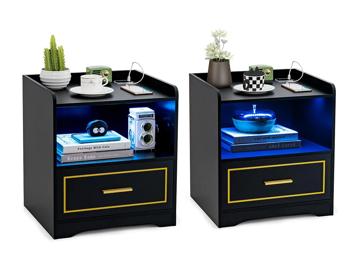 Lot de 2 Table de Chevet avec 1 Port USB et 1 Port type-C, Table de Nuit Lumineuse 3 Couleurs Réglables, Capteur Intelligent, 45 x 40 x 50 cm (Noir)