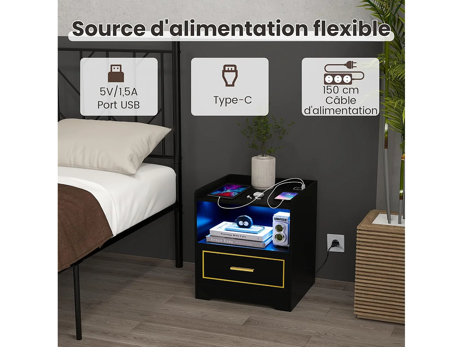 Lot de 2 Table de Chevet avec 1 Port USB et 1 Port type-C, Table de Nuit Lumineuse 3 Couleurs Réglables, Capteur Intelligent, 45 x 40 x 50 cm (Noir)
