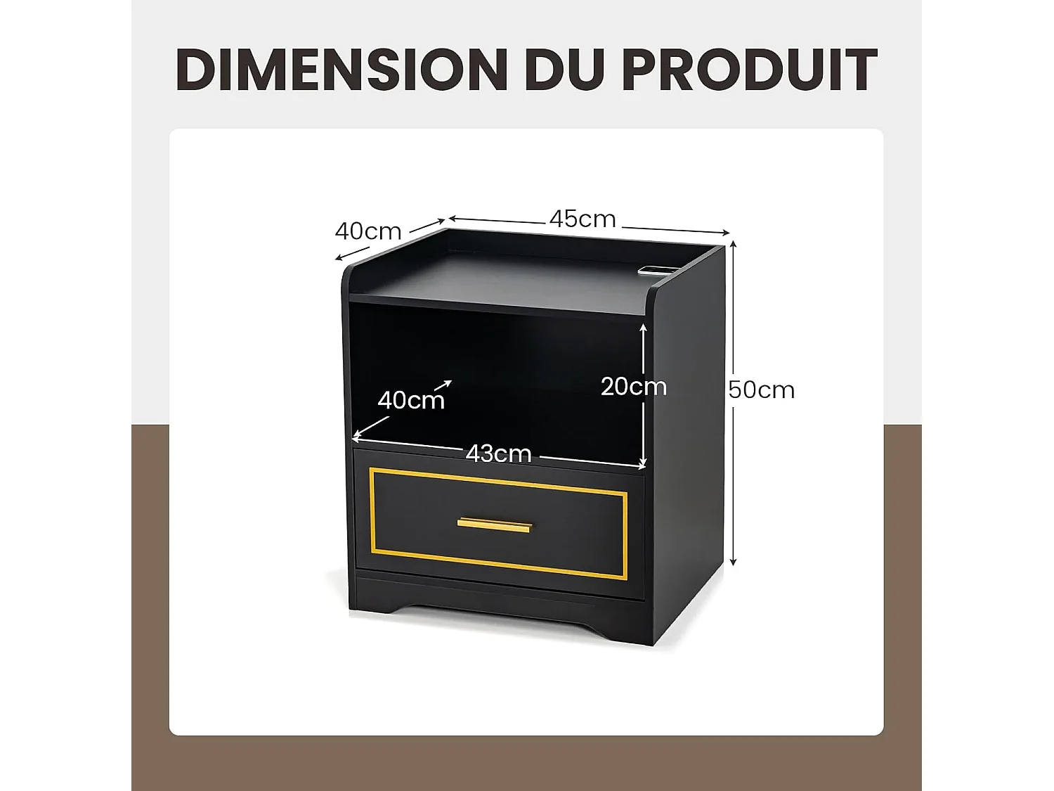 Lot de 2 Table de Chevet avec 1 Port USB et 1 Port type-C, Table de Nuit Lumineuse 3 Couleurs Réglables, Capteur Intelligent, 45 x 40 x 50 cm (Noir)