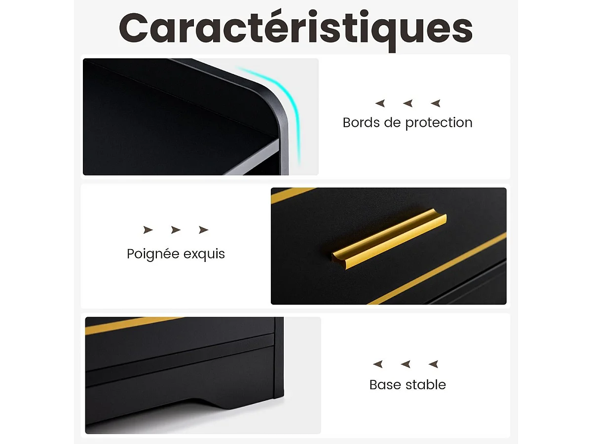 Lot de 2 Table de Chevet avec 1 Port USB et 1 Port type-C, Table de Nuit Lumineuse 3 Couleurs Réglables, Capteur Intelligent, 45 x 40 x 50 cm (Noir)