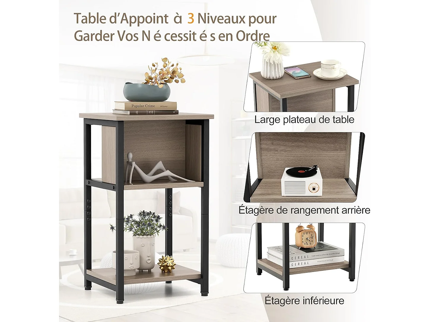 1 Table de Chevet, Table d'Appoint Compacte 3 Niveaux, 2 Compartiments, Table de Nuit Étroite pour Petits Espaces, Chambre à Coucher, Salon, 34 x 30 x 58,5 cm (1)