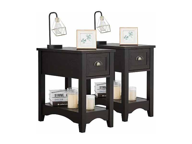 Table de Chevet avec Tiroir, Table d'Appoint Pieds en Bois d'Hévéa, Bout de Canapé Rétro pour Chambre, Salon, 56 x 33 x 58,5 cm (Noyer, Lot de 2)