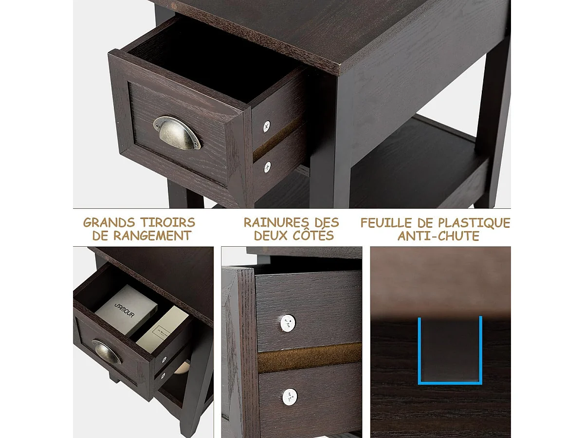 Table de Chevet avec Tiroir, Table d'Appoint Pieds en Bois d'Hévéa, Bout de Canapé Rétro pour Chambre, Salon, 56 x 33 x 58,5 cm (Noyer, Lot de 2)