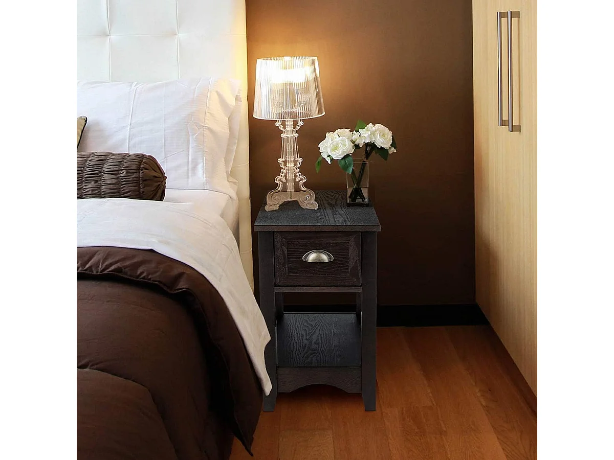 Table de Chevet avec Tiroir, Table d'Appoint Pieds en Bois d'Hévéa, Bout de Canapé Rétro pour Chambre, Salon, 56 x 33 x 58,5 cm (Noyer, Lot de 2)