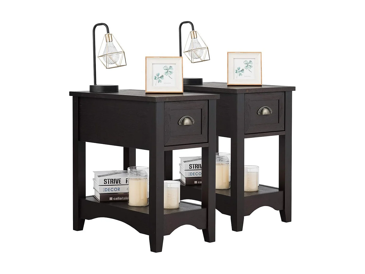 Nachtkastje met lade, bijzettafel met poten van rubberhout, retro bijzettafel voor slaapkamer of woonkamer, 56 x 33 x 58,5 cm (walnoot, set van 2)