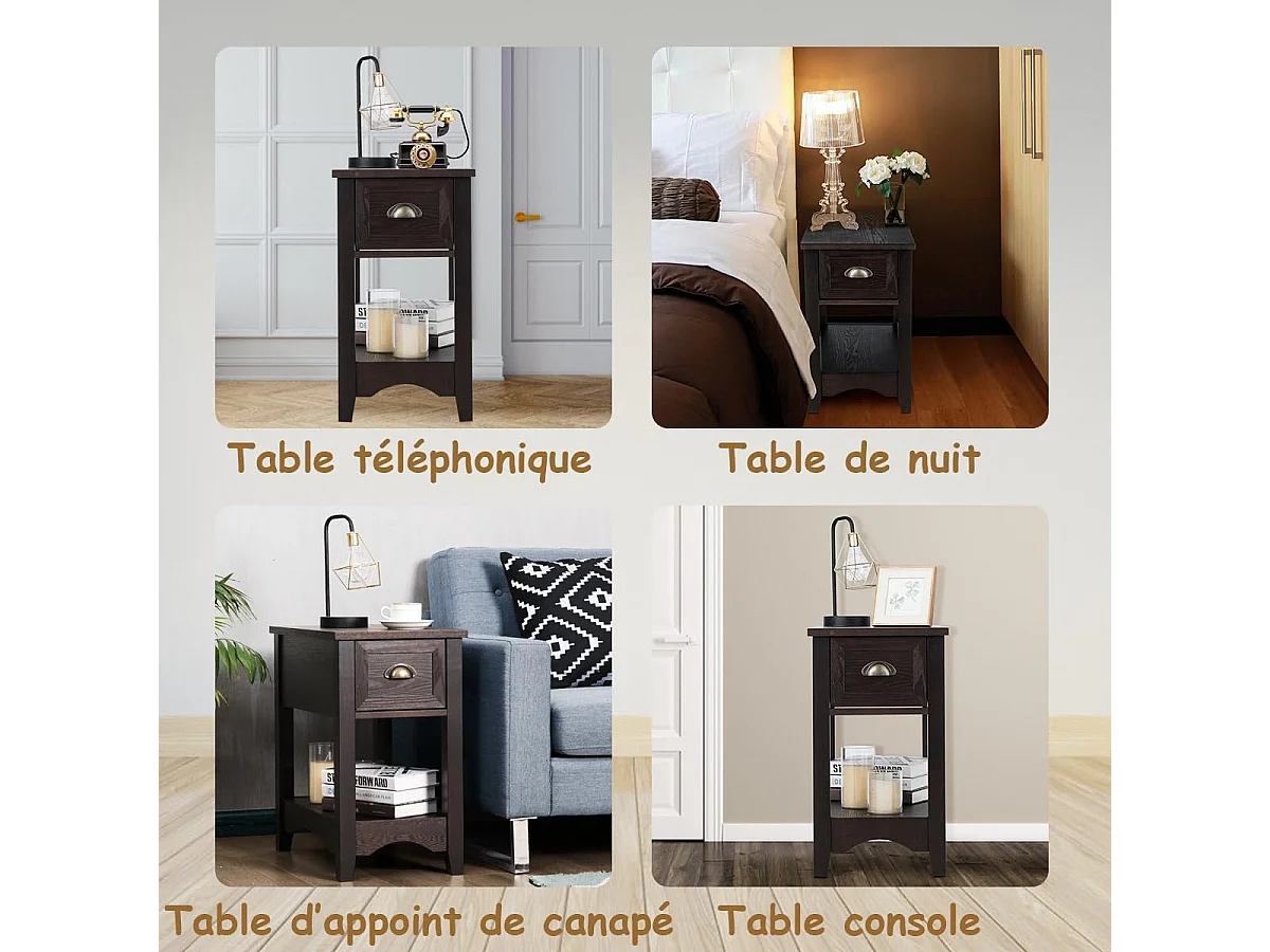 Nachtkastje met lade, bijzettafel met poten van rubberhout, retro bijzettafel voor slaapkamer of woonkamer, 56 x 33 x 58,5 cm (walnoot, set van 2)