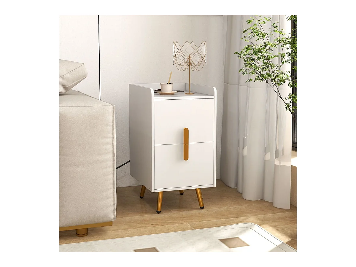 Table de Chevet Intelligente 2 Tiroirs Coulissants, 1 Passe-câble, 2 Ports USB & 3 Prises, Bords Surélevés, Table de Nuit Design, 40 x 32 x 60 cm (Blanc)