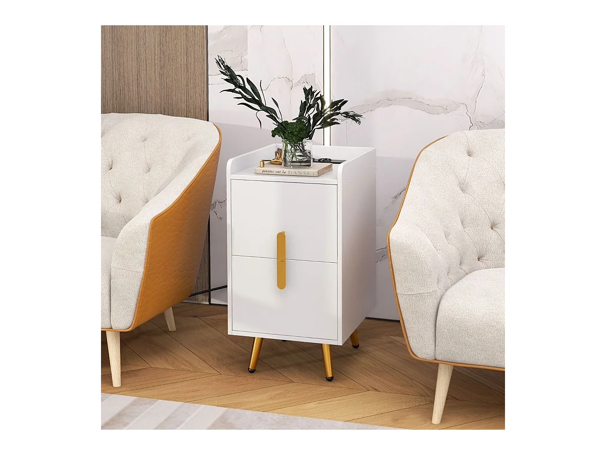 Table de Chevet Intelligente 2 Tiroirs Coulissants, 1 Passe-câble, 2 Ports USB & 3 Prises, Bords Surélevés, Table de Nuit Design, 40 x 32 x 60 cm (Blanc)